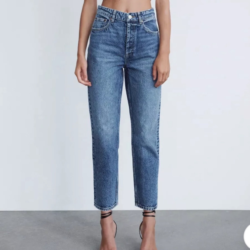 Zara High Rise Straight Leg Ankle Cropped Jeans Navy Blue